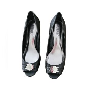 💥2 For 40 Ralph lauren black shoes, upper leather silver hardware logo 38B NEW